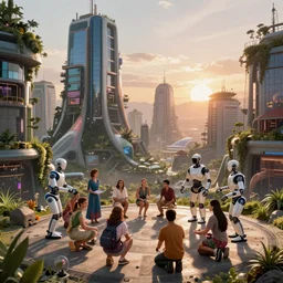 a cinematic composition depicting : we're overlooking a cyberpunk civilization with overgrown buildings by santiago calatrava, where a solarpunk tribe is peacefully collaborating with their android helpers, octane render, hyperrealistic, at sunrise, by edward hopper