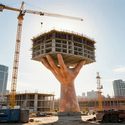construction site with giant hand sticking upholding building, octane, unreal, global illumination, backlight