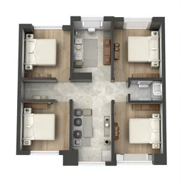 3 d floor plan of a one bedroom apartment, top view, realistic, detailed