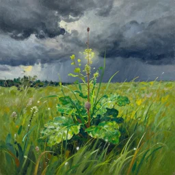 wild, lush chia pet in the meadow, stormy skies. russian fairytale art, gouache, dynamic composition, backlighting