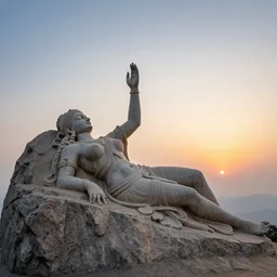 a detailed colossal magnificent stone sculpture carved from the top of a massive mountain of an elegant woman lying flat on the ground with one hand raised to the sky, fine detail, sunrise on the horizon in the background, stone hand raised up, 8 k, art by meera mukherjee and ramkinker baij
