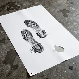 a big white ripped poster on the floor with puddles and boot prints on it, highly professionally detailed,, highly detailed -