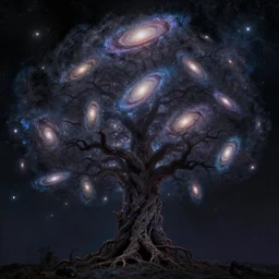 a cosmic life tree with galaxies hanging from the branches by caspar david friedrich and albert bierstadt, digital art, artstation, low angle,
