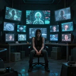 a dimly lit room with a cyberpunk girl sat in the middle. a wall of televisions and computer screens showing images of aliens, planets and data. oscilloscope. cyberpunk vibes. sci - fi. realistic photography art. zack snyder. tooth wu and wlop and beeple and greg rutkowski and peter gric and victo ngai. dslr. 8 k resolution. vray