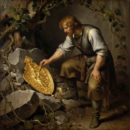 archeologist discovering an ancient golden relic amongst a pile of rubble and vines, renaissance oil painting
