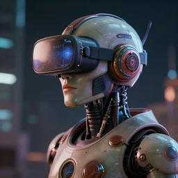 retro vintage sci - fi, cyborg robot wearing vr headset, 3 d illutration, profile portrait, night, detailed, cyberpunk style, character, ai, detailed