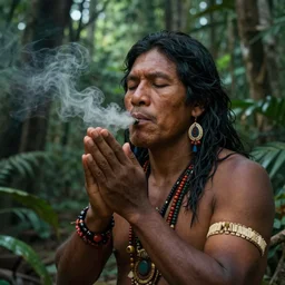 a beautiful portrait of an indigenous man taking rapé in the jungle, taking tobacco snuff, praying with tobacco, mysterious atmosphere, fantasy art, matte painting, highly detailed