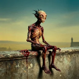 the strange creature sits on the wall, made of blood, film still from the movie directed by Denis Villeneuve with art direction by Salvador Dalí, wide lens