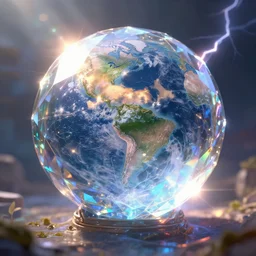 a magical and exquisite fantasy illustration of an intricate and faceted crystal ball with a world inside of it + dissolving in to light + prism + god rays + dramatic lightning + backlit + specular highlights + ambient occlusion + global illumination + bump map + reflective + caustics + refractive + unreal engine 5 + DOF + sharp focus, digital artwork by Dan Mumford