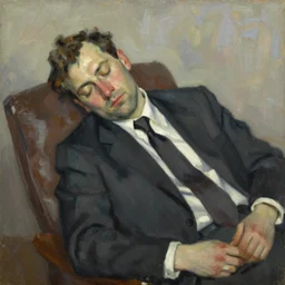 Oil painting Portrait of a man in a business suit sleeping by Lucian Freud, Abstract brush strokes, Masterpiece