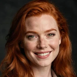 a portrait image of kate winslet with red hair and green eyes, a wide smile and a genuinely happy and calm expression, looking directly at the camera