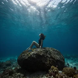 underwater looking up, one woman sitting alone on a large rock in a deep trench , looking toward the sun rays and caustics, film , cinematic, underwater photography, low angle view, wide lens