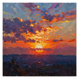 an impasto oil painting of a stunning, colorful sunset painted by ken hong leung