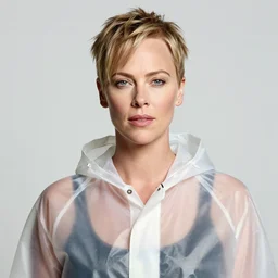 A hyper realistic and detailed head portrait photography of Charlize Theron of Atomic Blonde in a translucent rain coat on a futuristic street. by Annie Leibovitz. Neo noir style. Cinematic. neon lights glow in the background. Cinestill 800T film. Lens flare. Helios 44m