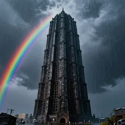 the dark tower in a rainbow rain at the end of the universe