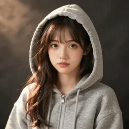 cute fumo plush of a casually dressed girl in a grey hoodie