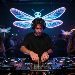 A hd photo of a Dj playing his mixer in a rave with a lot of dragonflies around him. neon dragonfly, lights