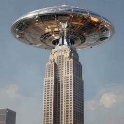 the Empire State Building being visited by a large UFO, an epic painting, glinting metal, volumetric lighting, intricate, elegant, highly detailed, digital painting, artstation, concept art, smooth, sharp focus, art by Maciej Kuciara