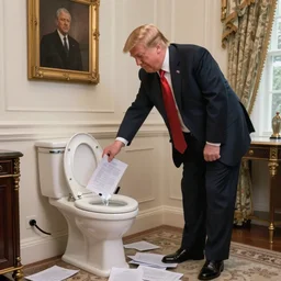 Donald Trump attempting to flush official papers down a toilet at the white house, lavish surroundings, 4k, high quality photograph