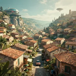 A view over into a retro future cyber italian village, dslr photography, cinematic