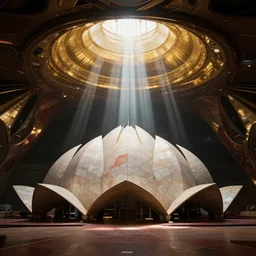 dark interior of a futuristic lotus temple with a shafts of sunlight from the roof,  gold, red and white marble panels, in the desert, by buckminster fuller and syd mead, intricate contemporary architecture, photo journalism, photography, cinematic, national geographic photoshoot