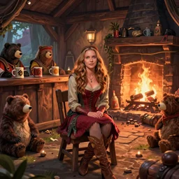 kate beckinsale weared in elven splinter mail, sit in fantasy tavern near fireplace, behind bar deck with bear mugs, medieval dnd, colorfull digital fantasy art, 4k