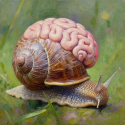 detailed impressionist oil painting of a snail with a very big human brain as shell