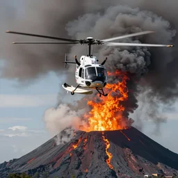 person wearing a sponsored team jersey with logos jumping out of a helicopter with a surfboard into a volcano, action shot, dystopian, thick black smoke and fire, sharp focus