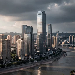 a sleek and modern cityscape, with high - rise buildings and a river running through it