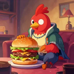 hard cyberpunk burger bird. epic high fantasy character art. classic 1 9 8 0 cover art by cartoon network. cozy portrait at r / characterdrawing