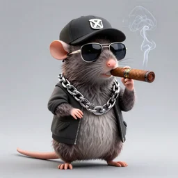 anthropomorphic gangster rat smoking a huge cigar, wearing a chain, wearing sunglasses and a cap, long fur,  anthropomorphic rat, detailed, 3d render, 4k