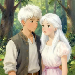 a beautiful illustration of a handsome young boy and a beautiful girl both with white hair in the beautiful forest, by thomas kinkade,