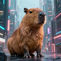 Capybara in a cyberpunk city, photorealistic, HDR, 4k, wallpaper, epic, Cinematic, ray-traced, 8k, unigine render