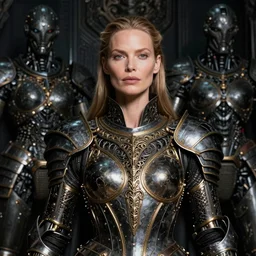 portrait of christine turlington as warrior of dark futuristic robotic world, by jan van eyck, h r giger, alfred gilbert, mysticism, intricate, highly ornate dark gold trim armoury