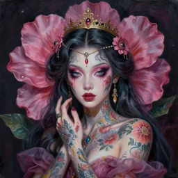 A very detailed horrifying portrait painting of the flower princess, floral patterned tattoos, 8k, trending on artstation cgsociety, masterpiece, in the style of DiscoDiffusion.