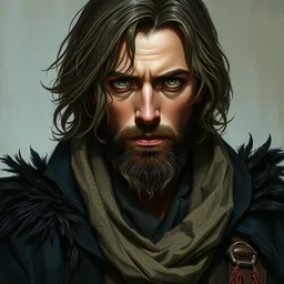 only the eyes are green, portrait painting of a middle eastern man with shoulder length hair wearing a tattered black cloak with feathers and a coat, sharp focus, award - winning, trending on artstation, masterpiece, highly detailed, intricate. art by rebecca guay