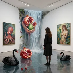 painting of a flooded modern art gallery and a tall emo girl, art gallery interior, paintings dripping, waterfall, sensual, organic, pomegranates, holding a courgette, octopus, zen, black swans, berries, 1 6 mm lens, surrealist, by magritte and monet