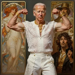 joe biden, flexing large muscles, white lace clothing, gold accessories, elegant, highly detailed, digital painting, matte, sharp focus, art by wlop, artgerm, greg rutkowski, alphonse mucha, frank frzetta, boris vallejo, bouguereau, beksinski, cinematic