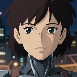 a anime portrait of a cyborg woman, finely detailed features, closeup at the face, sharp focus, aesthetically pleasing art, perfect face, night time city background, cinematic lighting, highly detailed, intricate, smooth, anime!! artstation, trending on pixiv fanbox, painted by greg rutkowski, studio ghibli, yoji shinkawa, hayao miyazaki,
