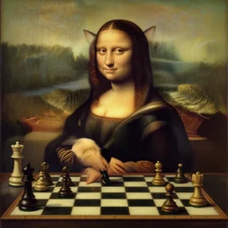 a cat playing chess looking wise, Leonardo da Vinci oil painting