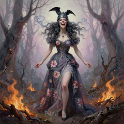 full body shot, malevolent witch facing front laughing maniacally, smoke hair, crow helmet, floral dress, dead forest on fire, fantasy, intricate, photorealistic, elegant, stylish, highly detailed, smooth, sharp focus, oil painting by magali villeneuve, pastel colors