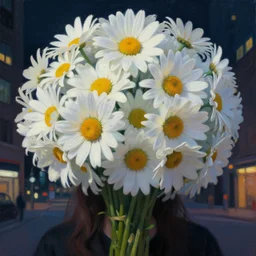 closeup, massive daisy flowers head, woman in modern city, surreal photography, night light, dark, impressionist painting, digital painting, artstation, simon stalenhag