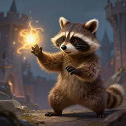 closeup 2 8 mm anthropomorphic wizard raccoon casting a spell in a castle, d & d, fantasy, action pose, particle effects, digital painting, concept art, matte, sharp focus, volumetric lighting, illustration, hearthstone, artgerm, moebius, wlop, craig mullins, alphonse mucha