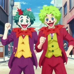 “two jesters, street fighting, superpowers, anime, movie set”