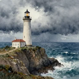 stormy sea and dramatic sky, a lighthouse on a cliff, watercolor, artstation, realistic, moody