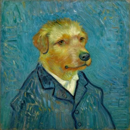 a painting by Van Gogh of a dog wearing a suit, dramatic lighting
