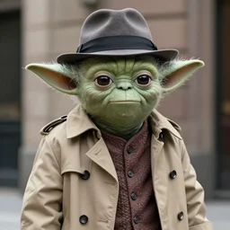 yoda wearing a fedora and trench coat