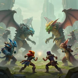 tiny scene, hyperrealism fantasy creatures fight scene with characters from league of legends portrait, digital art, wallpaper of an fantasy fight, background of sci fi city in fog, diffused lighting, 8 k dop hdr