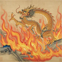 old chinese painting of dragon resurfacing a fire lake