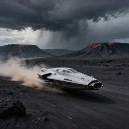 a slim space ship racing through a black!!! vulcanic desert, storm clouds and deep layered cliffs in the background, 4 5 ° view, dust cloud trailing, action shot, soft natural lighting, natural colors, angular sci - fi vehicle, motion blur, by sid mead and simon stalenhag and james gurney, intricate detail, octane render, unreal engine
